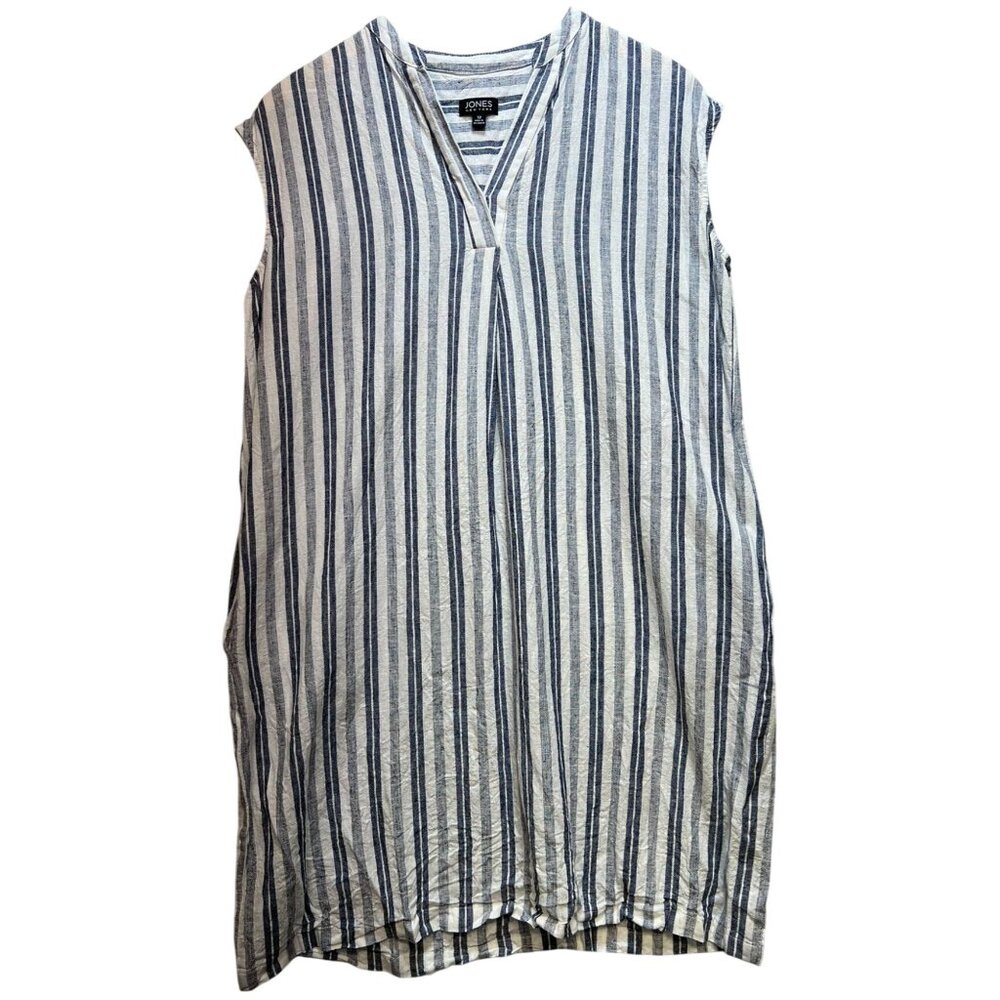 Jones New York Women's Linen Split Neck Mini Dress Cap Sleeve Size 12 Blue White